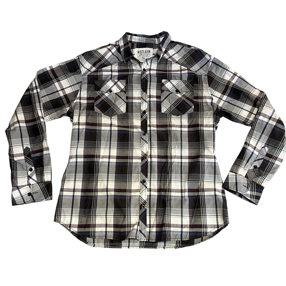 Reclaim Athletic 2XL‎ Plaid Button Down Long Sleeve Shirt Black Gray White Blue